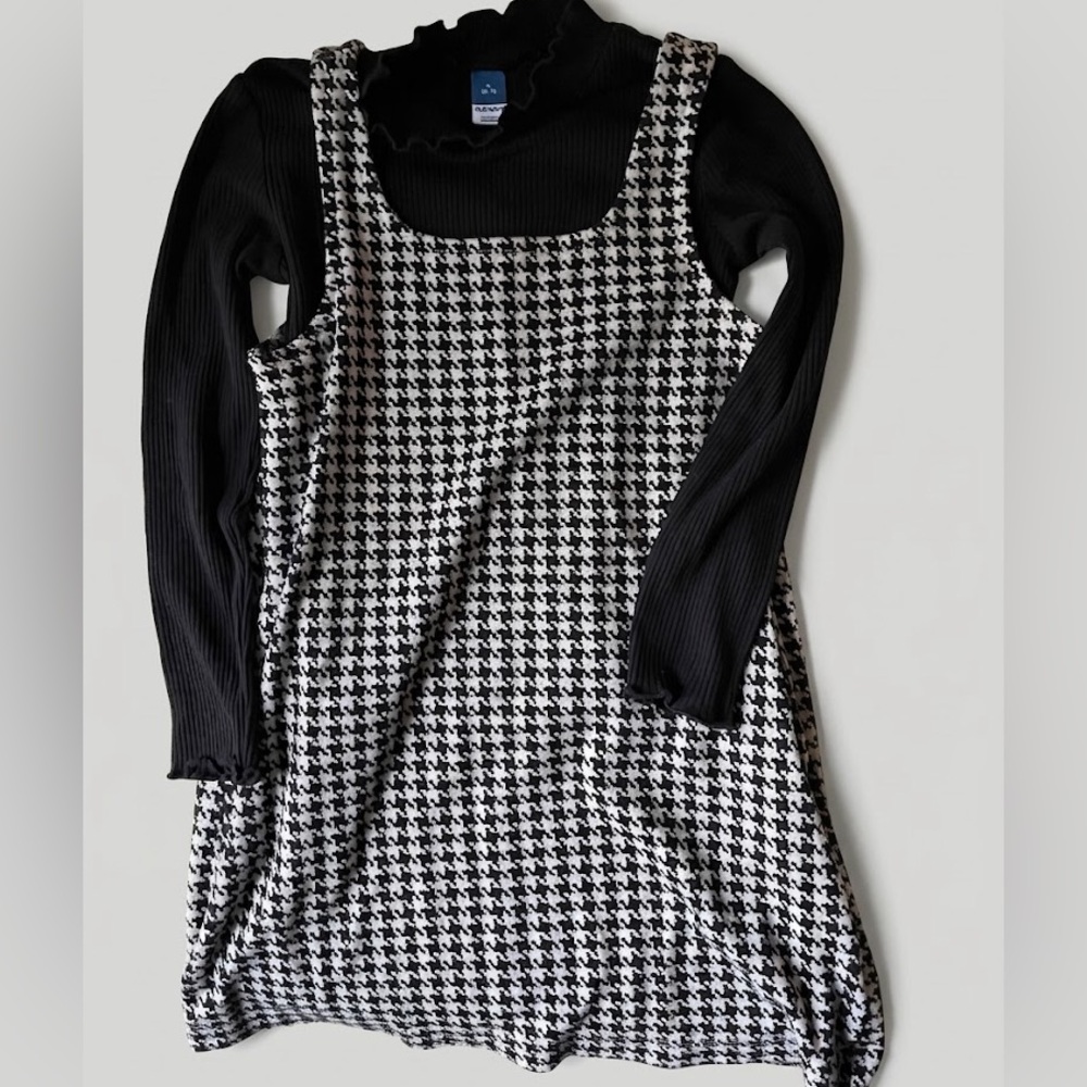 Houndstooth kids Dress jumper with Black Ribbed Long Sleeve Layer - 2 piece